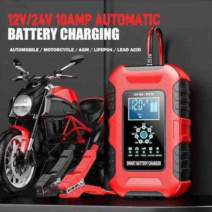Car Battery Charger, 0-10A Pulse Repair Charger, 12V 24V Smart Fully Automatic Trickle Charger, LiFePO4 Lead Acid Automotive Battery Maintainer Desulfator for Car Truck Motorcycle Lawn Mower ATV Boat - color: 3) -10Amp/12V 24V