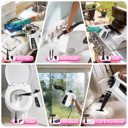 Steam Cleaner, Pressurized Handheld Multi-Surface Natural Steam Cleaner with 12pcs Accessory & Safety Lock, Portable Steamer for Cleaning Home, Kitchen, Bathroom, Car, Upholstery, Grout, Window - color: White