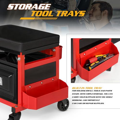 Magshion Rolling Garage Stool with Built-in Toolbox & Holder – 350 Lbs Capacity Padded Mechanic Seat with Wheels for Workshop, Auto Repair & Shop Use (Red)