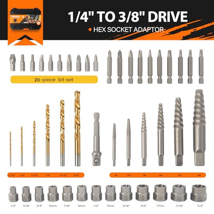 KENDO 46PC Bolt Extractor Kit - HSS Damaged Screw Extractor Set Remover for Stripped Screws Nuts & Bolts, Lug Nut Remover with ¼ Inch to ⅜ Inch Hex Socket Adapter - style: 46-PCS