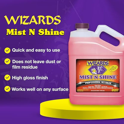 Wizards Mist-N-Shine Quick Detailer Spray - Waterless Wash - 1 Gallon | Anti-Static Formula for Paint, Chrome, Glass, Plastic, and Rubber Trim, Wax-Free, No Petroleum Solvents, Cars, Bikes, Boats - size: 128 Fl Oz (Pack of 1)