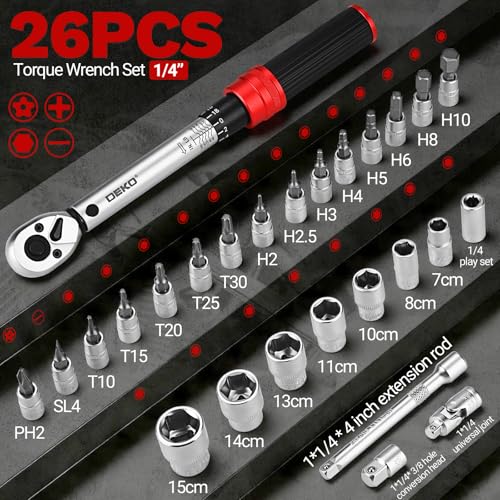 DEKOPRO 26Pcs Bike Torque Wrench Set, 1/4 Inch Drive Torque Wrench, 20-200 IN.LB(2.3-22.2 Nm), ±3% Accuracy, 72 Tooth Dual-Direction Adjustable with Socket Bits, for Mountain Bike, Bicycle Repair - size: 1/4 Inch (20-200 in.-lb.)
