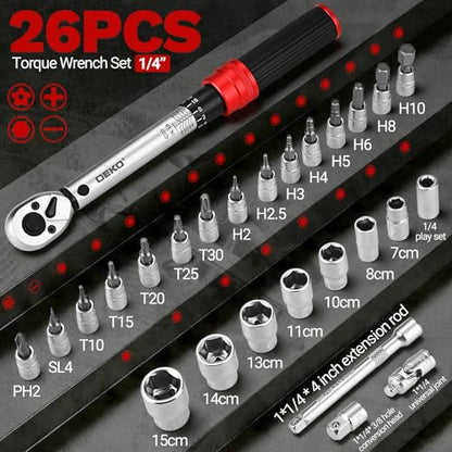 DEKOPRO 26Pcs Bike Torque Wrench Set, 1/4 Inch Drive Torque Wrench, 20-200 IN.LB(2.3-22.2 Nm), ±3% Accuracy, 72 Tooth Dual-Direction Adjustable with Socket Bits, for Mountain Bike, Bicycle Repair - size: 1/4 Inch (20-200 in.-lb.)