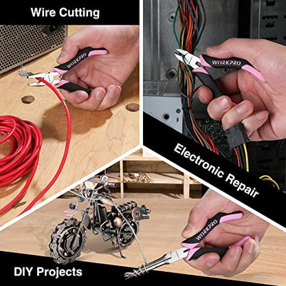 WORKPRO 6-Piece Mini Pliers Set | Needle Nose, Long Nose, Bent Nose, Diagonal, End Cutting and Linesman for Crafts Work, Electronic Repair, with Pouch - color: Pink