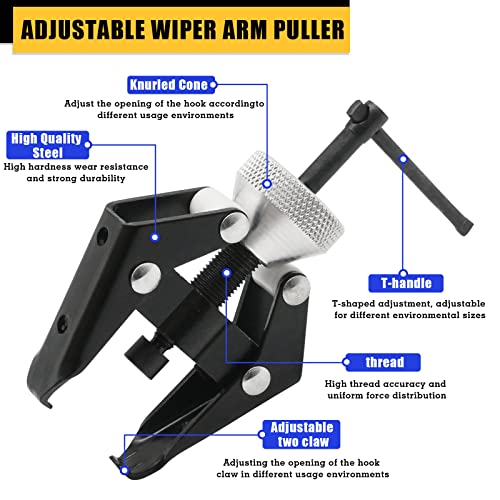 Wiper Arm Puller and Battery Terminal Removal Tool，Windshield Wiper Arm Removal Tool | Heat-treated steel kit for tapered-spline wiper arms, battery clamps and select bearings; compact puller has 6-28 mm jaw