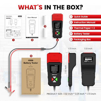 OBDResource BM550 Ultra Car Battery Tester with Printer 100-2000 CCA Load Capacity for 6V 12V 24V Batteries,Automotive Digital Battery Analyzer for Truck, Boat, RV, Marine Vehicle and More - color: black with printer