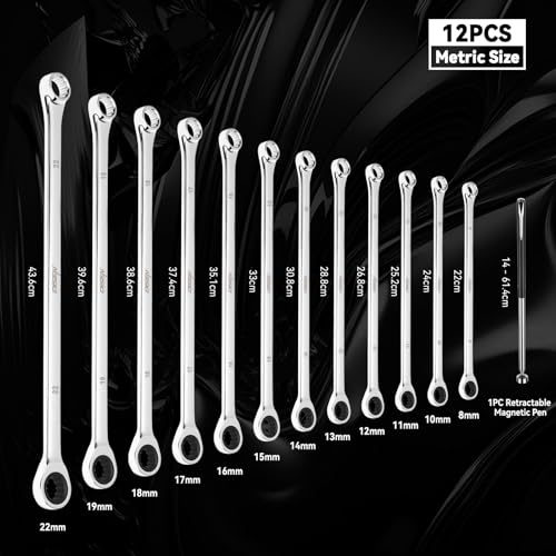 DISEN 12 + 1 PCS Extra Long Ratchet Wrench Set, Metric 8-22mm | with a Magnetic Pickup Tool, Secret Santa Gifts for Men, Stocking Fillers for Men Christmas Birthday