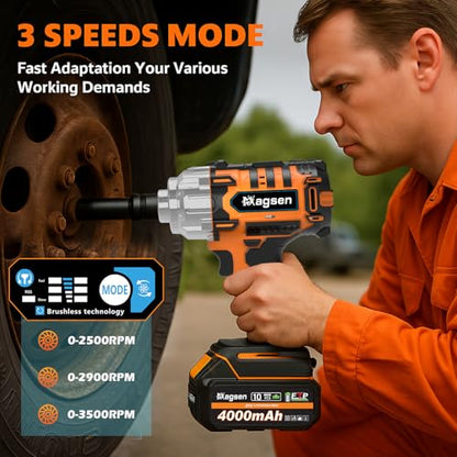 1000N.m/737Ft-lbs Brushless Impact Wrench,1/2" Cordless Impact Gun / 2x4.0Ah Battery & 6 Sockets, 3500RPM Power Electric Impact Driver for Car/DIY Furniture/Lawn Mower, Orange Toolbox