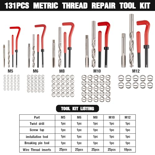 Marvelity Premium 131-Piece Metric Helicoil Thread Repair Kit | HSS Drills, Inserts, Taps, and Tools, M5, M6, M8, M10, M12, Automotive and Engine Repairs