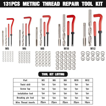 Marvelity Premium 131-Piece Metric Helicoil Thread Repair Kit | HSS Drills, Inserts, Taps, and Tools, M5, M6, M8, M10, M12, Automotive and Engine Repairs