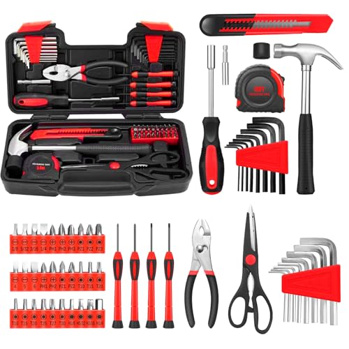 58-Piece Household Tool Set, Red Hand Kit With Storage Case | All Purpose Hand Tool Kit, Basic Home Tool Set, Plastic Storage Case, for Home Garage Office Dormitory, Basic Repairs, Women - color: Red, size: 58-Piece