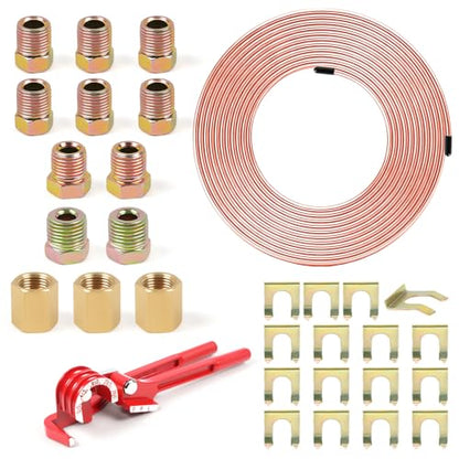 1/4" 25FT Copper Coated Brake Line Kit with Inverted Nuts and Unions, 3 in 1 Tube Bender, Brake Line Clips, Copper Coil Repair Kit for Car Industrial Hydraulic Brake Systems(Gold) - color: Gold, size: 0.25 Inch