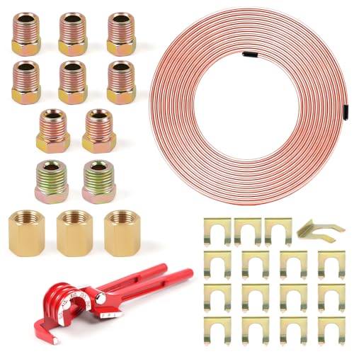 1/4" 25FT Copper Coated Brake Line Kit with Inverted Nuts and Unions, 3 in 1 Tube Bender, Brake Line Clips, Copper Coil Repair Kit for Car Industrial Hydraulic Brake Systems(Gold) - color: Gold, size: 0.25 Inch