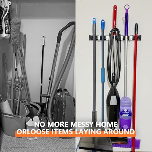 reliahom Broom Holder Wall Mount Mop Hanger Tools organizer 4Racks 5Hooks | Adjustable Mop Broom Wall Hanging Heavy duty Tools Storage Rack Space-saving for Garage,Kitchen,Laundry Room,Garden, Black - color: Black