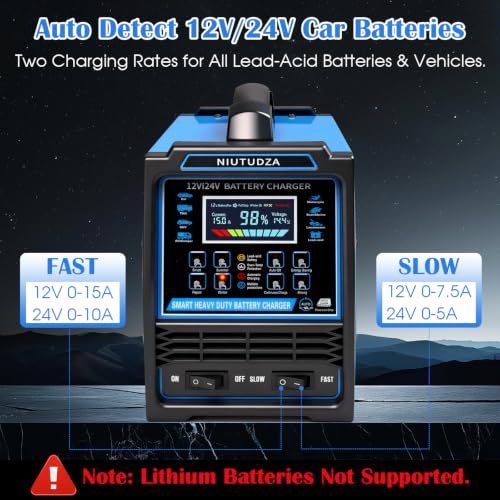 12V 24V Car Battery Charger Heavy Duty 0-15A Automatic Battery Maintainer, Smart Trickle Charger with Fast & Slow, Auto Shutoffs, Repair, Winter Mode for Car Truck Motorcycle Lawn Mower Boat