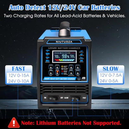12V 24V Car Battery Charger Heavy Duty 0-15A Automatic Battery Maintainer, Smart Trickle Charger with Fast & Slow, Auto Shutoffs, Repair, Winter Mode for Car Truck Motorcycle Lawn Mower Boat