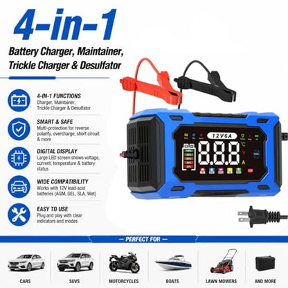 6-Amp 12V Smart Car Battery Charger, Battery Maintainer Trickle Charger with Desulfator, Pulse Repair & Overcharge Protection - for Car Lawn Mower Marine Lead-Acid Batteries (Blue) - color: Blue