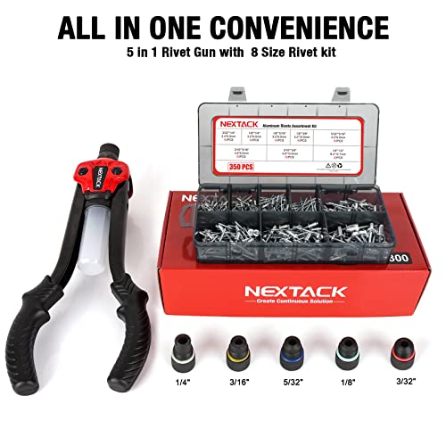 NEXTACK Rivet Gun Kit with 350 Blind Rivets, Heavy Duty Two-Handed 1/4” Pop Rivet Gun Set (NT300), 5 Nosepieces, Built-in Shaft Catcher for Van, Gutter & Automotive - size: 1/4 Rivet Gun w/ 350 Rivets