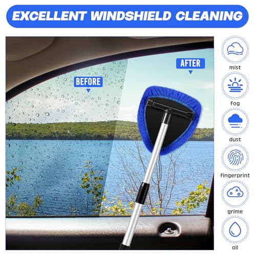 Potchen 8 Pcs Car Windshield Cleaner Tool Kit with Extendable Handle, Microfiber Towel Pads, Brush, Empty Spray Bottle for Auto Glass Wiper Suvs Rvs & Home Windows(Blue) - color: Blue