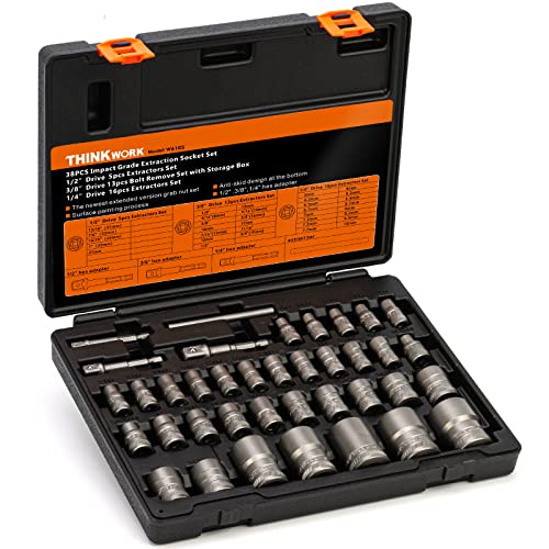 38 Pcs Bolt Extractor Kit, 1/4" 3/8" 1/2" Drive Impact Bolt & Nut Remover | for Damaged, Rusted, Rounded-Off, Stripped Fasteners, 6-27mm, Cr-Mo Steel, Compact Design for Tight Spaces, Storage Case