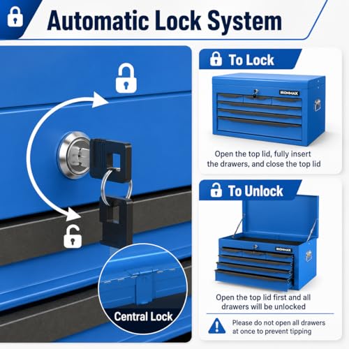ARNOT Large Metal Tool Box, Tool Box with 6 Drawers & Top Tray, Heavy-Duty Steel Tool Chest with Auto-Locking Drawers and Side Handles for Garage & Workbench (Blue) - color: Blue