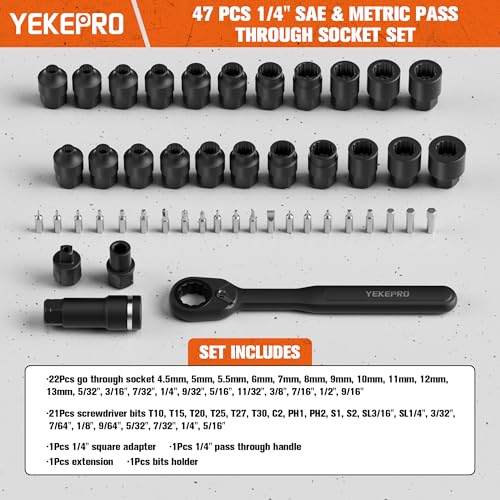 48PCS 1/4" SAE & Metric Pass-Through Socket Set | with Reversible Ratchet, Non-Slip Extractor Sockets for Damaged & Stubborn Fasteners - size: 48PCS 1/4" SAE & Metric