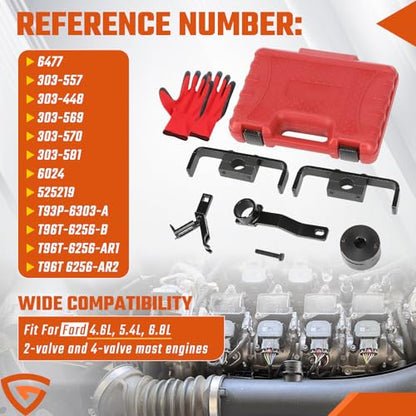 Engine Timing Tool Kit Fit For Ford 4.6L 5.4L 6.8L 2-Valve and 4-Valve Engine with Valve Spring Compressor Tool, 6 Pcs Camshaft Holding Crankshaft Positioning Tool, Replaces# 303-557, 6477