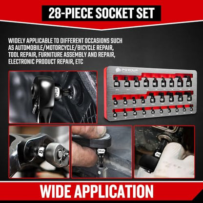 ZHAX Low Profile Impact Bit Socket Set, 28-Piece Stubby Torx, Hex & Spline Socket Set, 1/4", 3/8", 1/2" Drive, TT10-TT50, 6-19mm, M4-M18, CR-MO Steel with Tamper Proof Design