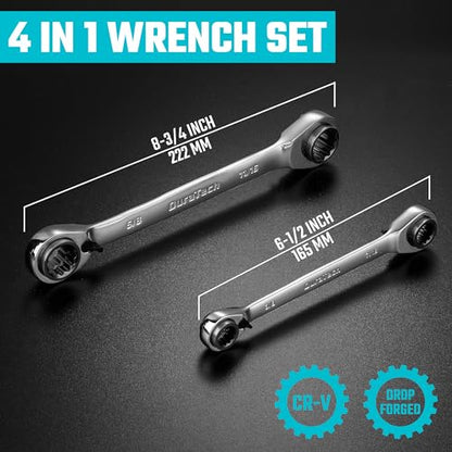 DURATECH 4-in-1 Reversible Ratcheting Box Wrench Set, SAE, 2-Piece | Double Box End, 5/16, 3/8, 7/16, 1/2-INCH & 9/16, 5/8, 11/16, 3/4-INCH, CR-V Steel, Matte Chrome Plated, Rolling Pouch - style: Regular & SAE