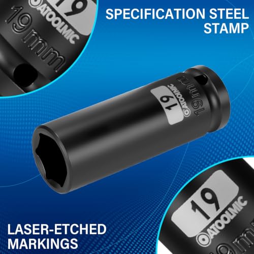 1/2 Inch Drive x 19mm Deep 6PT CR-MO Impact Socket for Removing Axle nut | Metric Socket,6-Point Radius Corner Design,Two Size Markings,Square Chamfered Opening,For Removal of Axle Nut - size: 19 mm, style: 1/2" Drive Deep Socket