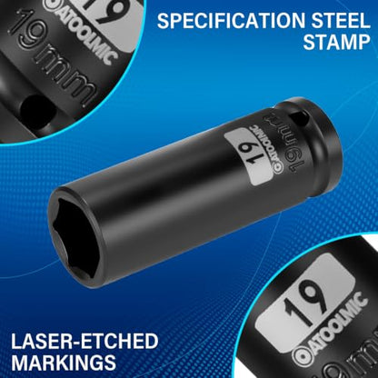 1/2 Inch Drive x 19mm Deep 6PT CR-MO Impact Socket for Removing Axle nut | Metric Socket,6-Point Radius Corner Design,Two Size Markings,Square Chamfered Opening,For Removal of Axle Nut - size: 19 mm, style: 1/2" Drive Deep Socket
