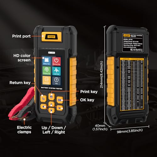 AUTOOL BT760 Automotive Battery Tester with Thermal Printer – 12V/24V Car & Motorcycle Battery Checker, Cranking & Charging Test, Reverse Polarity Protection, HD Color Display