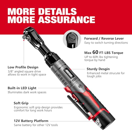 Alloyman 3/8" Cordless Ratchet Wrench Set, 60FT-LBS(80N.m) Electric Ratchet, 12V Extended Power Socket Wrench Set with Variable Speed, 6 Sockets, LED Light, 1/4" Adapter,1/2" Adapter,2 Batteries