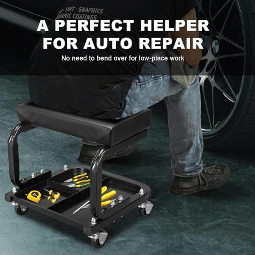Torin ATR6300B Rolling Creeper Garage/Shop Seat: Padded Mechanic Stool with Tool Tray Storage, Black Large - style: Creeper seat-250lbs-Black