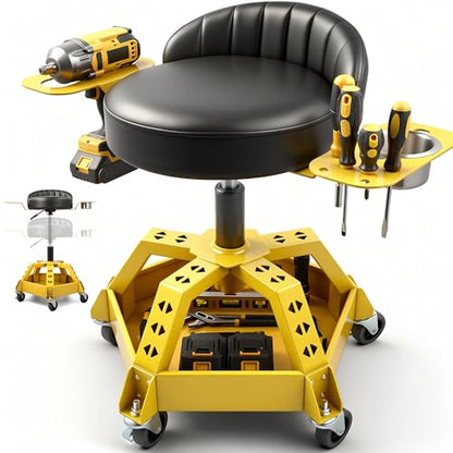 Rolling Shop Stool with Wheels, Garage Mechanic Stool with Backrest, Metal Heavy Duty Roller Mechanic Chair with Tool Tray, 5-Wheel Anti-tip Design,22"-26" Adjustable Height, 330 LBS Capacity