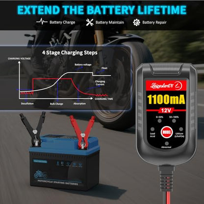2 Pack Motorcycle Battery Charger 12V, 1.1Amp Trickle Charger and Maintainer - Smart Automatic Float Charger for Cruiser Sport Bike ATV Scooter Dirt Bike Lawn Mower, LiFePO4 Lead Acid AGM Gel - color: 12V 1.1Amp 2-Pack