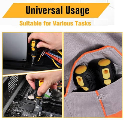 4-Piece Magnetic Screwdriver Set, 2 Phillips and 2 Slotted, Long & Stubby Blade Design, Precision 6mm Tip - color: Black & Yellow