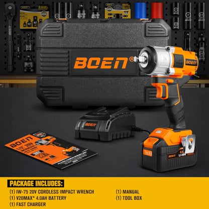 boen Cordless Impact Wrench 1/2 inch, 600FT-LBS(800N.m), Brushless Electric Impact Wrench, 2200RPM High Torque Impact Gun for Car Home, Includes 4.0Ah Battery×1, Charger, IW-75 - size: 600FT-LBS(800N.m)