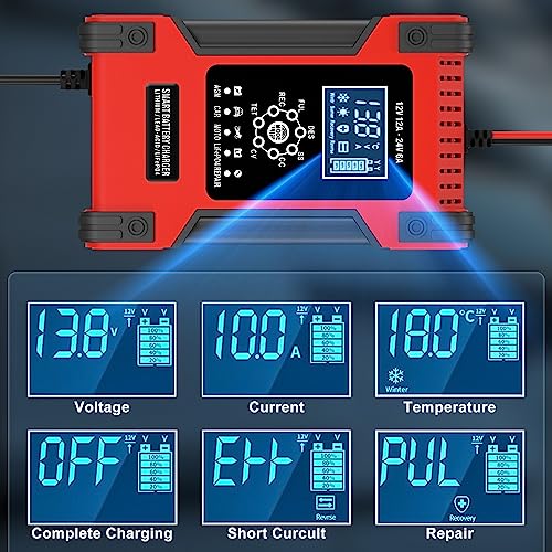 12V/12A 24V/6A Fully-Automatic Smart Battery Charger for LiFePO4 Lead-Acid AGM Wet Gel Battery, Trickle Charger Maintainer for ATV Motorcycle Marine