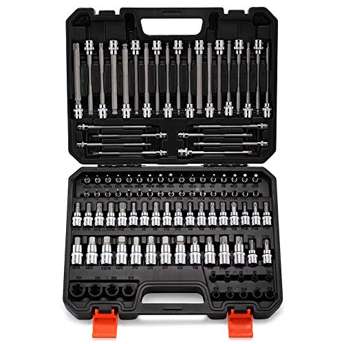 107-Piece Allen and Torx Bit Socket Set, 1/4", 3/8" and 1/2" Drive Hex/Ball End Hex/Extra Long Tamper Proof Torx SAE & Metric Bit Set