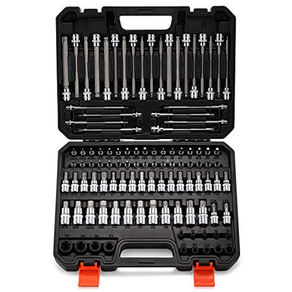 107-Piece Allen and Torx Bit Socket Set, 1/4", 3/8" and 1/2" Drive Hex/Ball End Hex/Extra Long Tamper Proof Torx SAE & Metric Bit Set