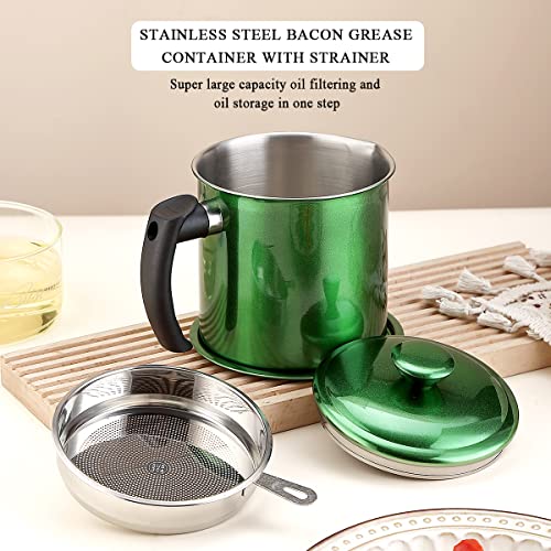 Kyraton Bacon Grease Container With Strainer, 48 oz Metal Shining Green Coating Oil Container, Pot Fat Storage With Lid, Easy Grip Handle Suitable For Storing Frying Oil And Cooking Grease - color: 3. Metal Green