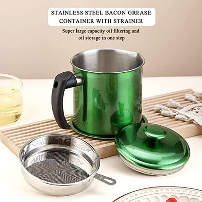 Kyraton Bacon Grease Container With Strainer, 48 oz Metal Shining Green Coating Oil Container, Pot Fat Storage With Lid, Easy Grip Handle Suitable For Storing Frying Oil And Cooking Grease - color: 3. Metal Green