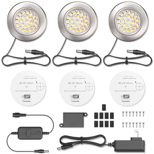 GETINLIGHT 2.5" Wide 3000K Dimmable LED Puck Lights Kit, Plug-in Installation with Recessed or Surface Mounted, Brushed Nickel Finish Over Metal Construction, Set of 3, IN-0113-3-SN - color: Brushed Nickel