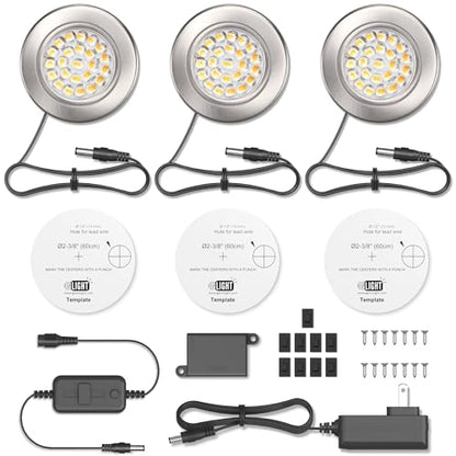 GETINLIGHT 2.5" Wide 3000K Dimmable LED Puck Lights Kit, Plug-in Installation with Recessed or Surface Mounted, Brushed Nickel Finish Over Metal Construction, Set of 3, IN-0113-3-SN - color: Brushed Nickel