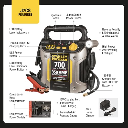 Stanley J7CS 700 Peak Amp Automotive Jump Starter, Portable Power – Triple 15W USB Ports, 120 PSI Air Compressor - size: 700 Amps