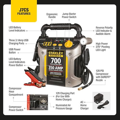 Stanley J7CS 700 Peak Amp Automotive Jump Starter, Portable Power – Triple 15W USB Ports, 120 PSI Air Compressor - size: 700 Amps