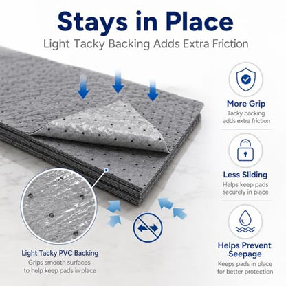 Adhesive-Backed Oil Absorbent Pads, 100 Pack 10 x 13 Inch Leak-Proof Oil Spill Mats with PVC Backing, Non-Slip Disposable Garage Drip Pads for Change, Workbench, Floor & Kitchen Grease Cleanup