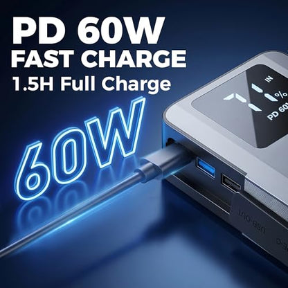 Jump Starter Power Bank 16000mAh, 12V Heavy-Duty Battery Booster for 8.0L Gas/6.5L Diesel Vehicles (Cars, Trucks, SUVs, ATVs), with PD 60W Fast Charging & LED Emergency Light
