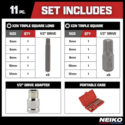 NEIKO 10078A XZN Triple Square Spline Bit Socket Set | 11 Piece Long and Short | 12 Point | CrV Steel - style: Standard